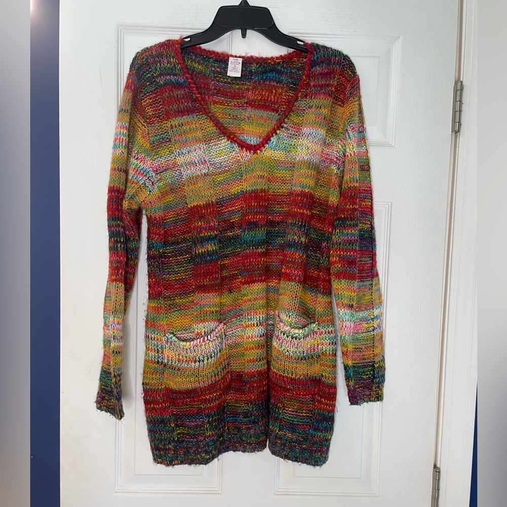Bobbie Brooks Y2K rainbow-striped V-neck sweater dress